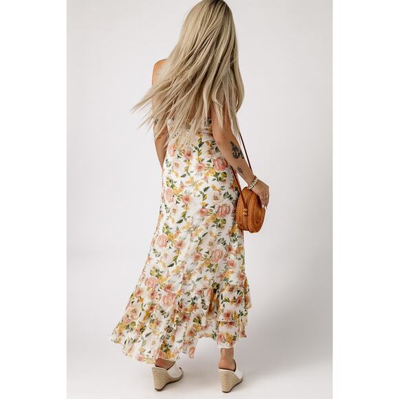 Juliette Floral Maxi Dress Cream Halter Neck Flowy Ruffle Yellow Pink Size XL - Picture 4 of 10